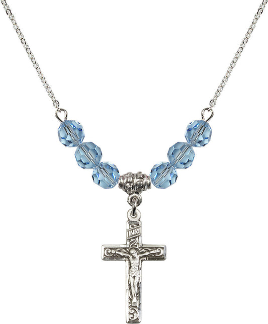 Sterling Silver Crucifix Birthstone Necklace with Aqua Beads - 0673
