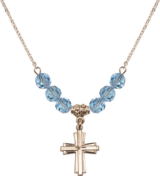 14kt Gold Filled Cross Birthstone Necklace with Aqua Beads - 0675