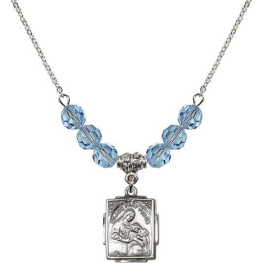 Sterling Silver Saint Ann Birthstone Necklace with Aqua Beads - 0804