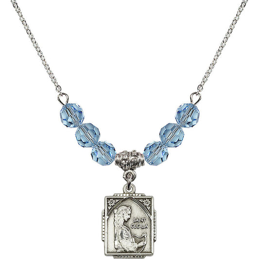 Sterling Silver Saint Cecilia Birthstone Necklace with Aqua Beads - 0804