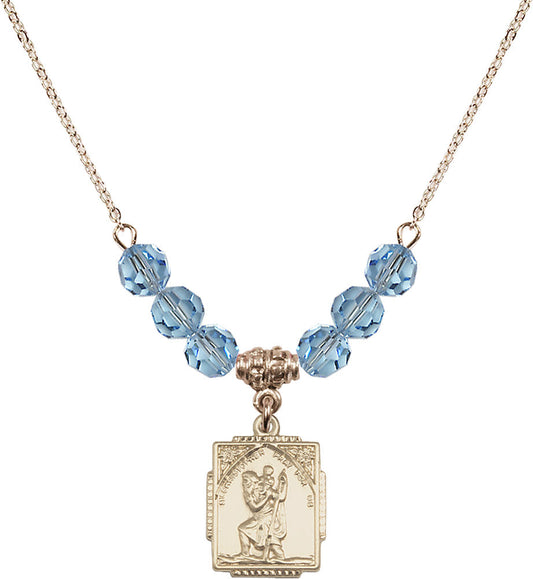 14kt Gold Filled Saint Christopher Birthstone Necklace with Aqua Beads - 0804
