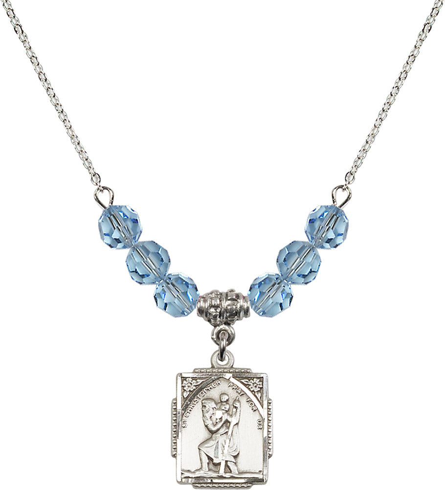 Sterling Silver Saint Christopher Birthstone Necklace with Aqua Beads - 0804