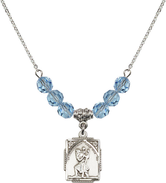 Sterling Silver Saint Christopher Birthstone Necklace with Aqua Beads - 0804