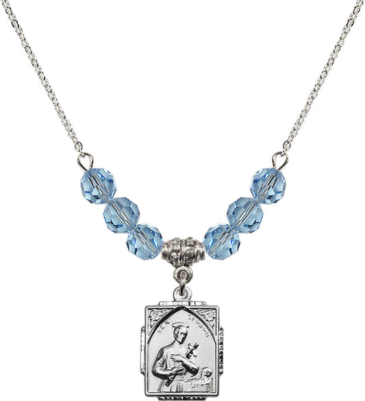 Sterling Silver Saint Gerard Birthstone Necklace with Aqua Beads - 0804