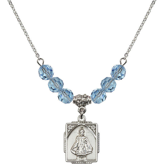 Sterling Silver Infant of Prague Birthstone Necklace with Aqua Beads - 0804