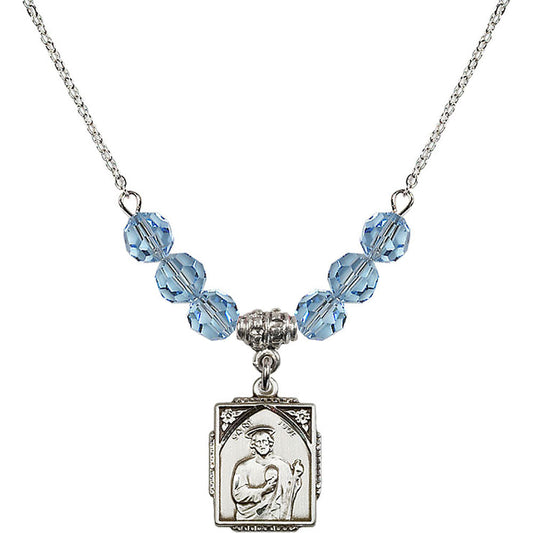 Sterling Silver Saint Jude Birthstone Necklace with Aqua Beads - 0804