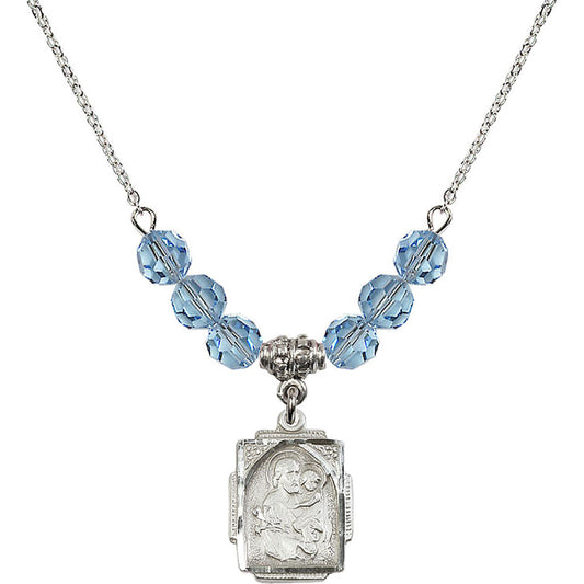 Sterling Silver Saint Joseph Birthstone Necklace with Aqua Beads - 0804