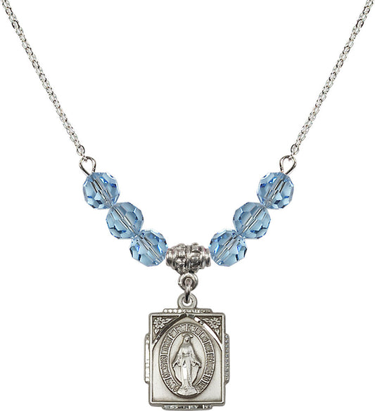 Sterling Silver Miraculous Birthstone Necklace with Aqua Beads - 0804