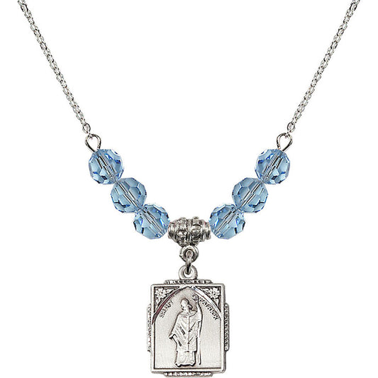 Sterling Silver Saint Patrick Birthstone Necklace with Aqua Beads - 0804