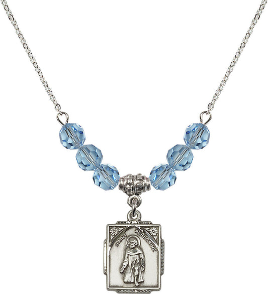 Sterling Silver Saint Peregrine Birthstone Necklace with Aqua Beads - 0804