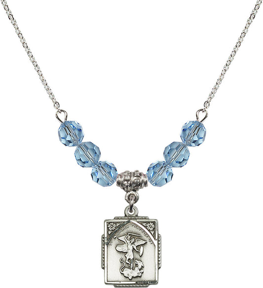 Sterling Silver Saint Michael the Archangel Birthstone Necklace with Aqua Beads - 0804