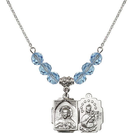 Sterling Silver Scapular Birthstone Necklace with Aqua Beads - 0804