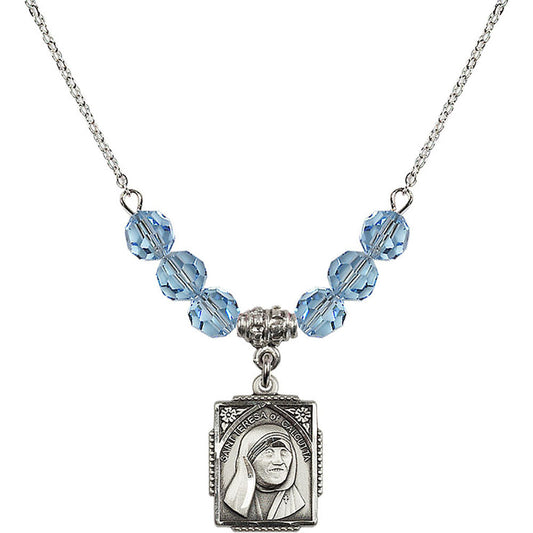 Sterling Silver Saint Teresa of Calcutta Birthstone Necklace with Aqua Beads - 0804