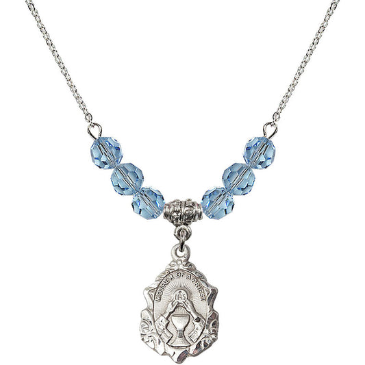 Sterling Silver Mother of a Priest Birthstone Necklace with Aqua Beads - 0811