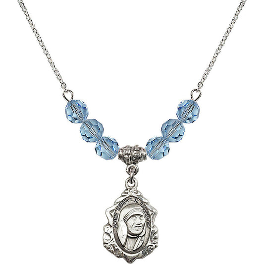 Sterling Silver Saint Teresa of Calcutta Birthstone Necklace with Aqua Beads - 0812