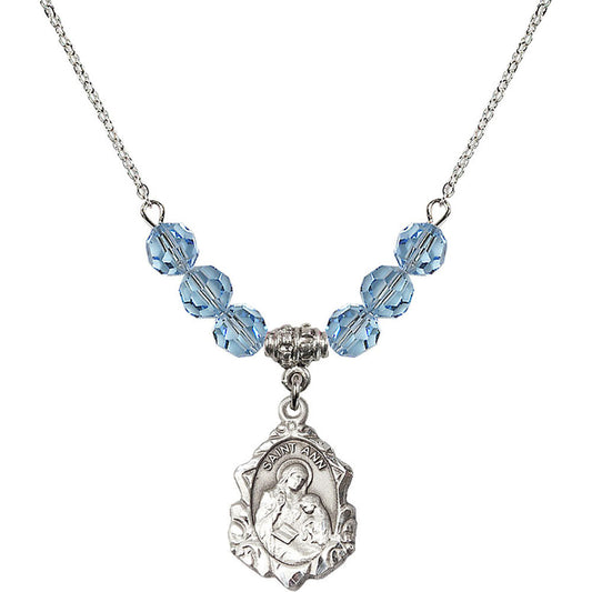 Sterling Silver Saint Ann Birthstone Necklace with Aqua Beads - 0822