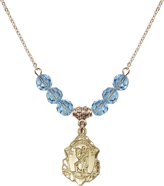 14kt Gold Filled Saint Christopher Birthstone Necklace with Aqua Beads - 0822