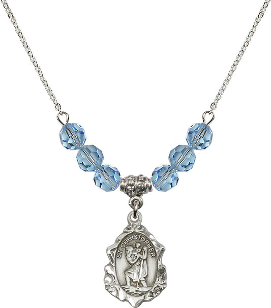 Sterling Silver Saint Christopher Birthstone Necklace with Aqua Beads - 0822