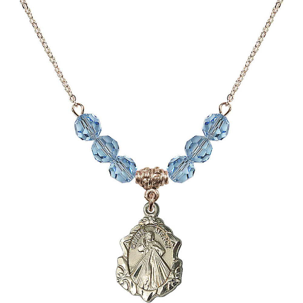 14kt Gold Filled Divine Mercy Birthstone Necklace with Aqua Beads - 0822