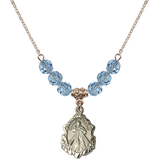 14kt Gold Filled Divine Mercy Birthstone Necklace with Aqua Beads - 0822