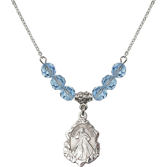 Sterling Silver Divine Mercy Birthstone Necklace with Aqua Beads - 0822
