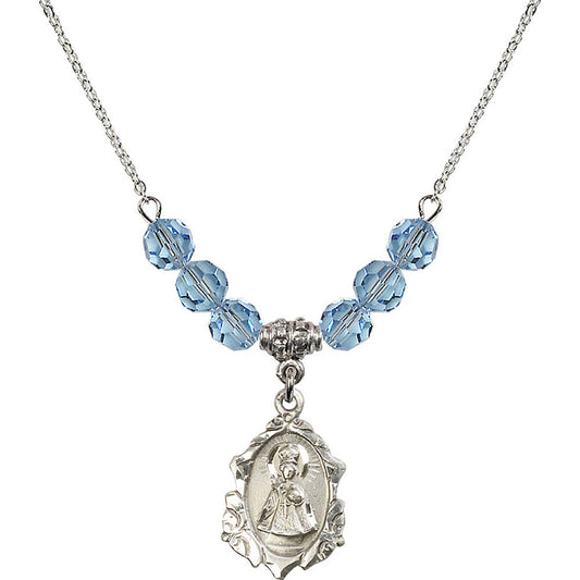 Sterling Silver Infant of Prague Birthstone Necklace with Aqua Beads - 0822