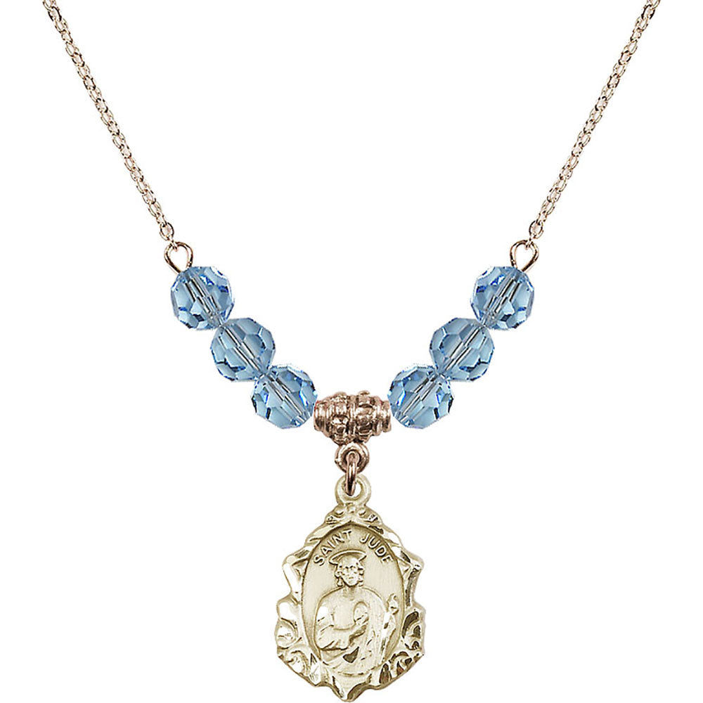 14kt Gold Filled Saint Jude Birthstone Necklace with Aqua Beads - 0822
