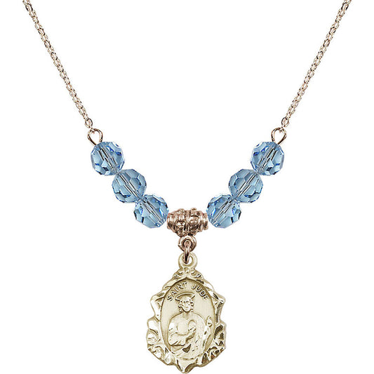 14kt Gold Filled Saint Jude Birthstone Necklace with Aqua Beads - 0822