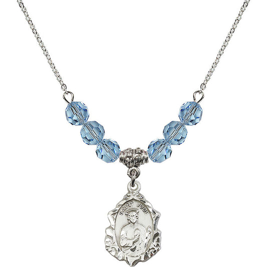Sterling Silver Saint Jude Birthstone Necklace with Aqua Beads - 0822