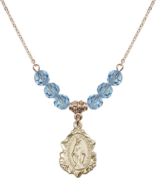 14kt Gold Filled Miraculous Birthstone Necklace with Aqua Beads - 0822