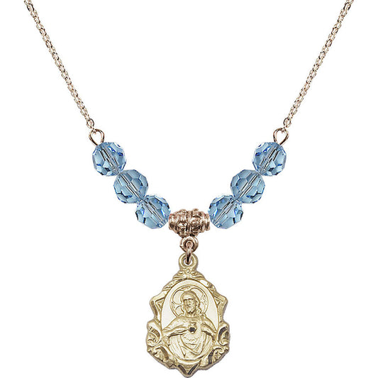 14kt Gold Filled Scapular Birthstone Necklace with Aqua Beads - 0822