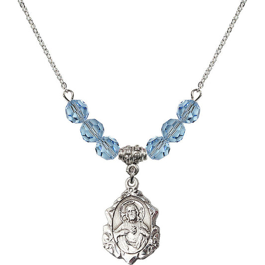 Sterling Silver Scapular Birthstone Necklace with Aqua Beads - 0822
