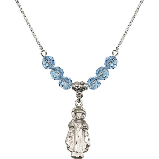 Sterling Silver Infant of Prague Birthstone Necklace with Aqua Beads - 0824
