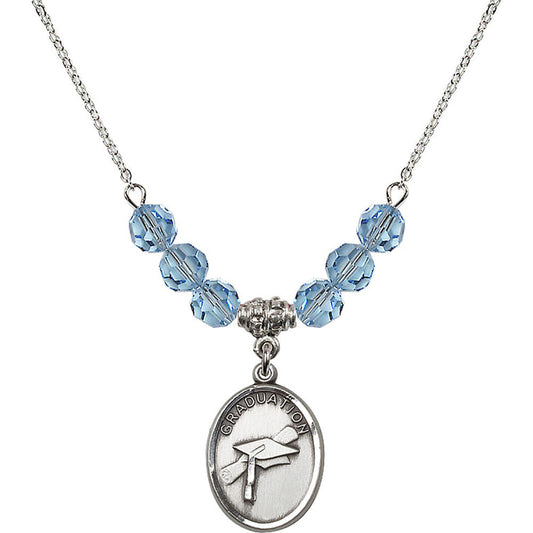 Sterling Silver Graduation Birthstone Necklace with Aqua Beads - 0872