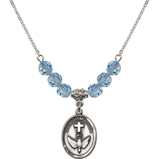 Sterling Silver Confirmation Birthstone Necklace with Aqua Beads - 0873