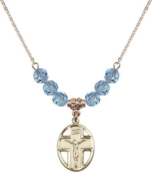 14kt Gold Filled Crucifix Birthstone Necklace with Aqua Beads - 0878