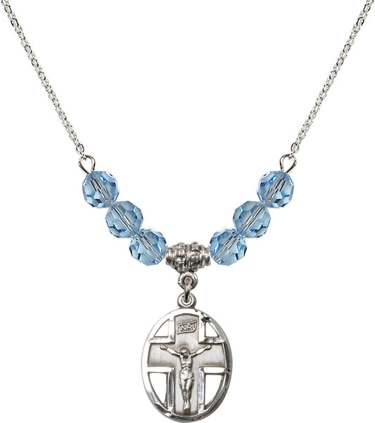 Sterling Silver Crucifix Birthstone Necklace with Aqua Beads - 0878