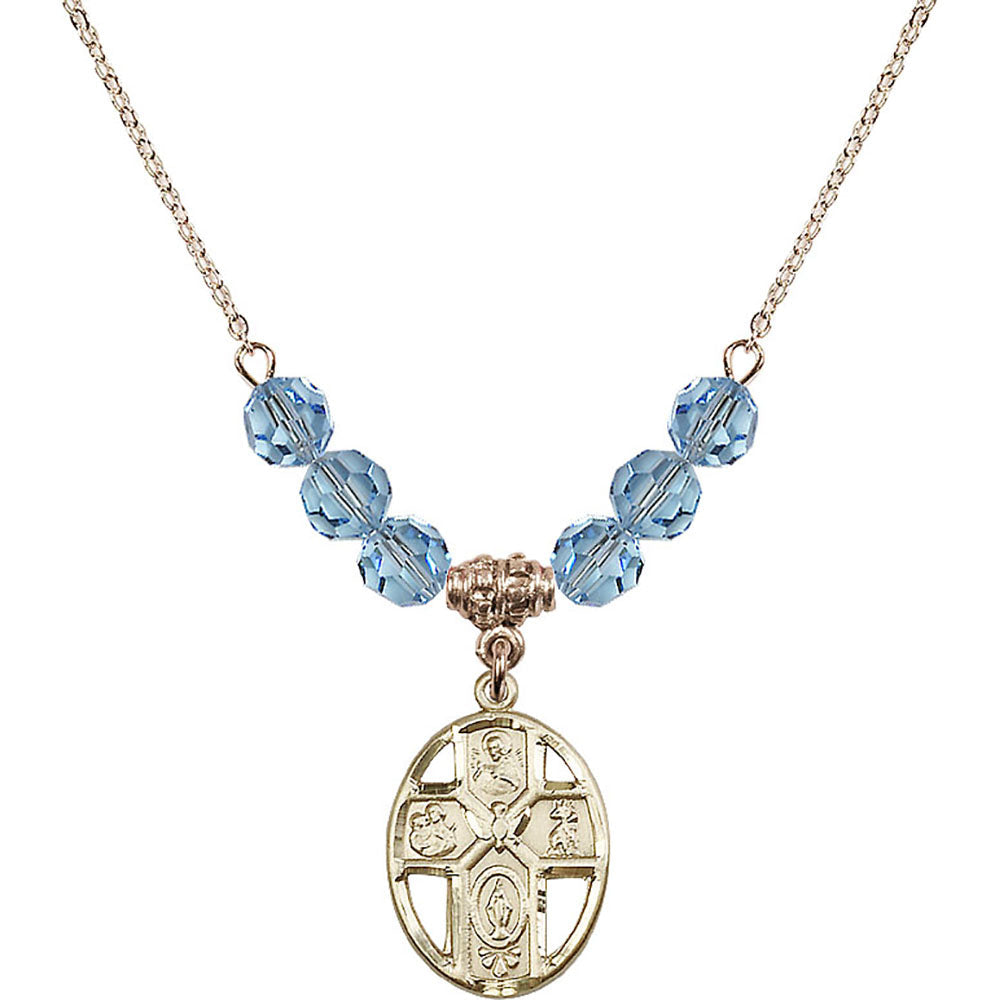 14kt Gold Filled 5-Way / Holy Spirit Birthstone Necklace with Aqua Beads - 0880