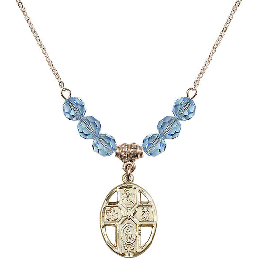 14kt Gold Filled 5-Way / Holy Spirit Birthstone Necklace with Aqua Beads - 0880