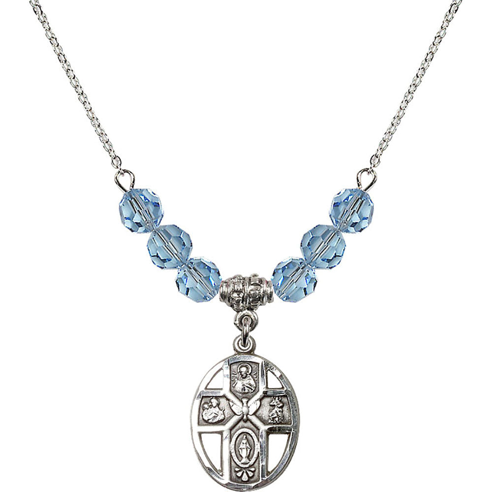 Sterling Silver 5-Way / Holy Spirit Birthstone Necklace with Aqua Beads - 0880