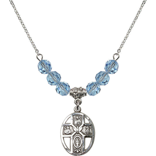 Sterling Silver 5-Way / Holy Spirit Birthstone Necklace with Aqua Beads - 0880