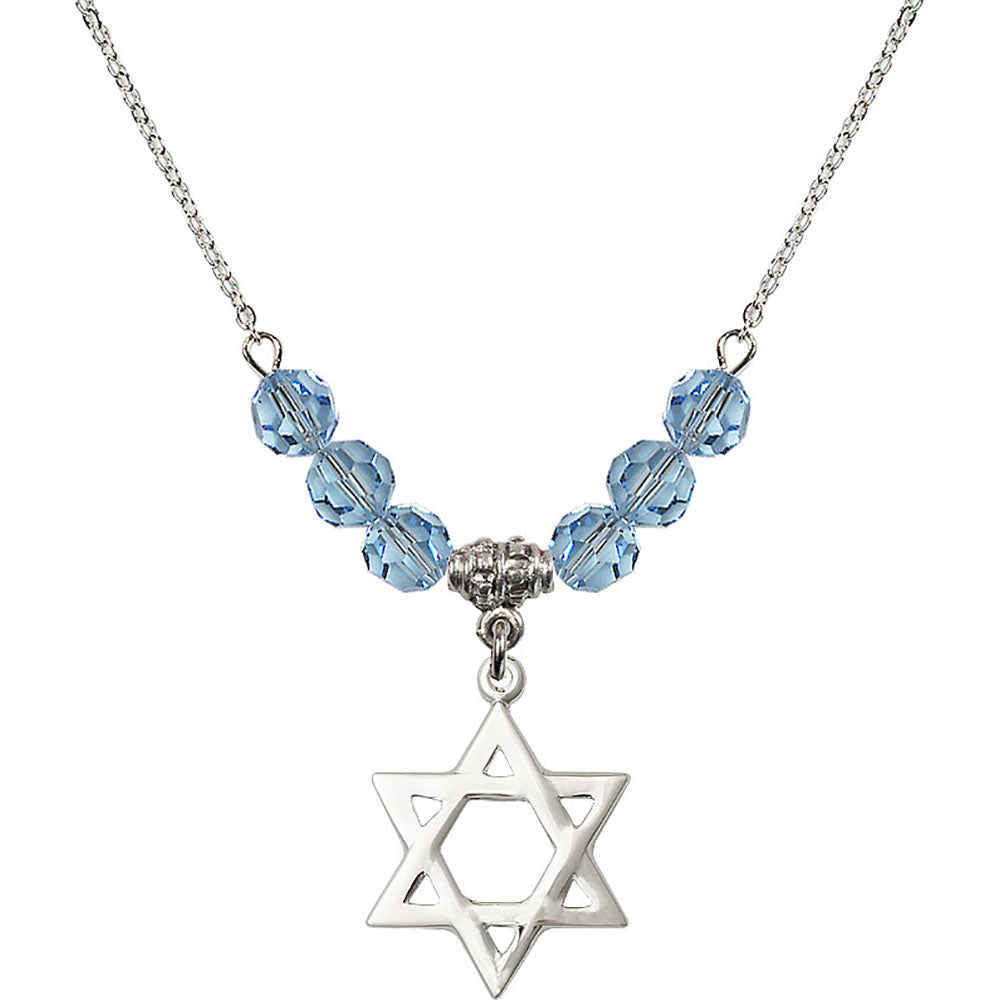 Sterling Silver Star of David Birthstone Necklace with Aqua Beads - 1210