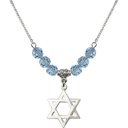 Sterling Silver Star of David Birthstone Necklace with Aqua Beads - 1210
