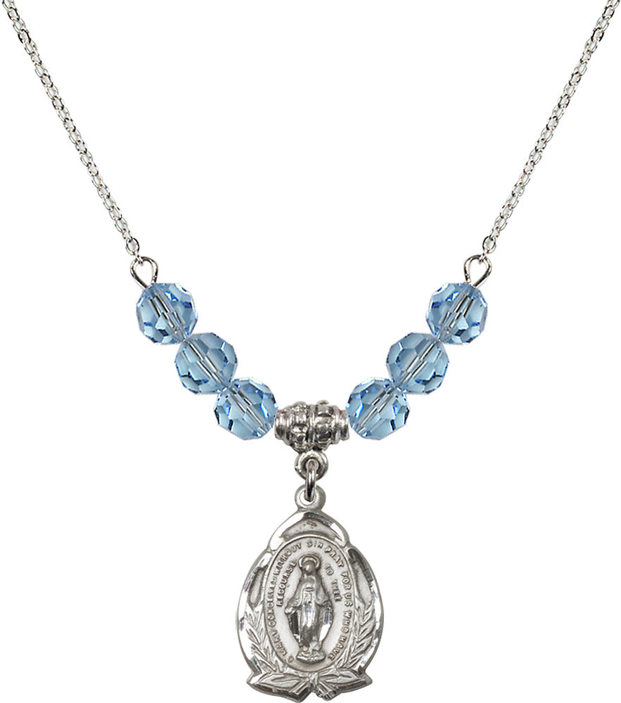 Sterling Silver Miraculous Birthstone Necklace with Aqua Beads - 1481