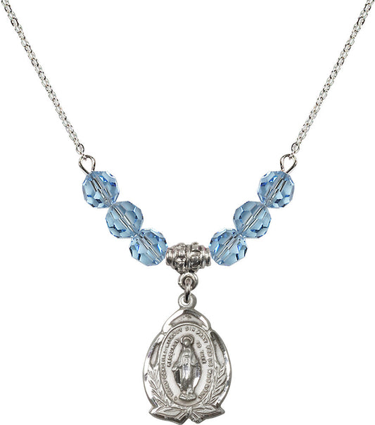 Sterling Silver Miraculous Birthstone Necklace with Aqua Beads - 1481