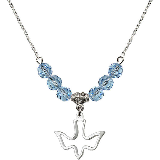 Sterling Silver Holy Spirit Birthstone Necklace with Aqua Beads - 1510