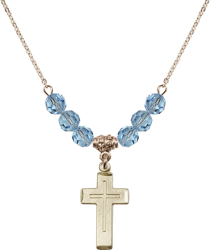 14kt Gold Filled Cross Birthstone Necklace with Aqua Beads - 1529