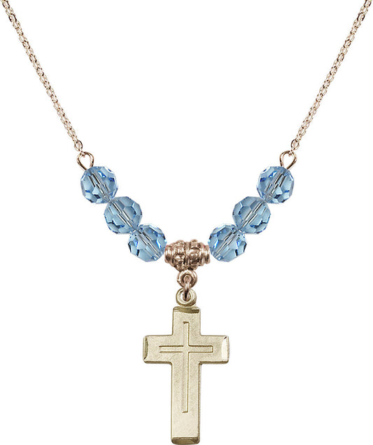 14kt Gold Filled Cross Birthstone Necklace with Aqua Beads - 1529