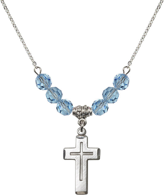 Sterling Silver Cross Birthstone Necklace with Aqua Beads - 1529