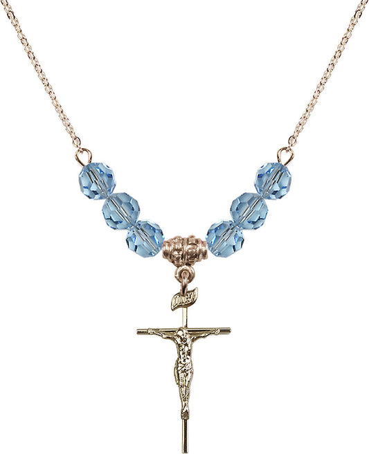 14kt Gold Filled Crucifix Birthstone Necklace with Aqua Beads - 1535
